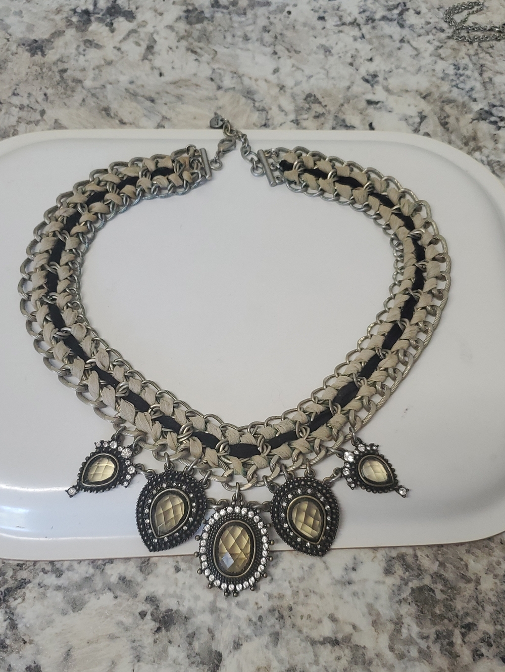 Statement Silver-Tone and Ivory Bib Necklace with Faceted Drops